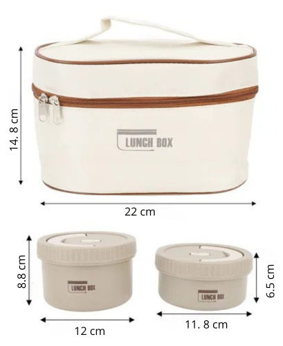 Lonchera térmica con 2 recipientes redondos con tapa de rosca e interior de acero inoxidable, y bolso térmico beige con cremallera y asa. Lleva tu almuerzo y tu sopa separados. No incluye cubiertos.