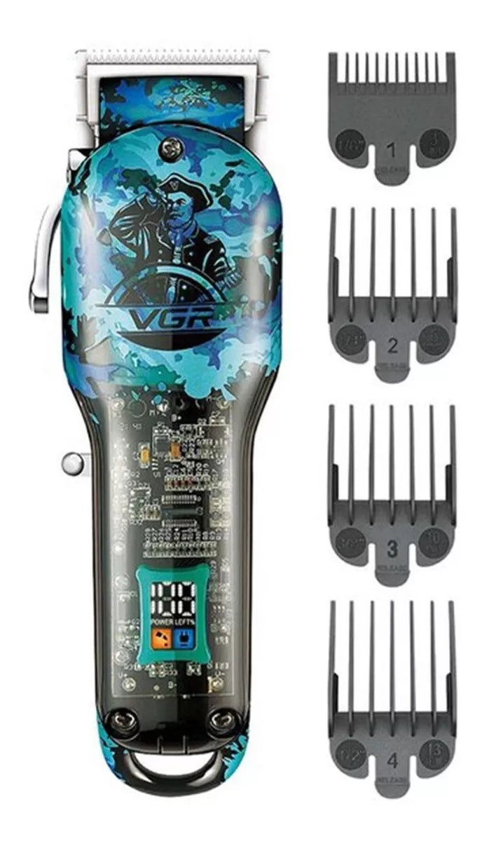 Máquina de corte VGR V685 inalámbrica con cuchillas de acero inoxidable, potencia de 5 W, corte mínimo de 0 mm, batería recargable, autonomía hasta 300 minutos y accesorios de mantenimiento.