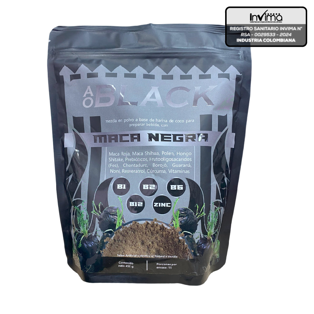 Maca Negra en Polvo con INVIMA, suplemento natural con maca, guaraná, borojó, shitake, vitaminas B y zinc para complementar la energía, vitalidad y bienestar diario.