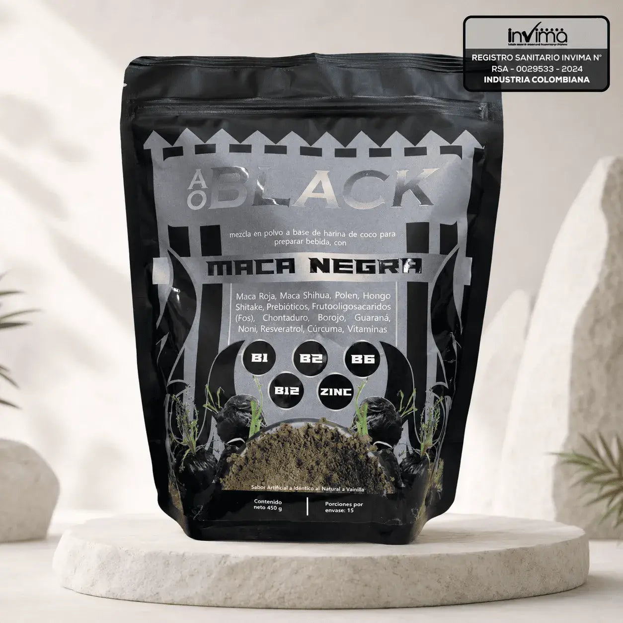 Maca Negra en Polvo con INVIMA, suplemento natural con maca, guaraná, borojó, shitake, vitaminas B y zinc para complementar la energía, vitalidad y bienestar diario.