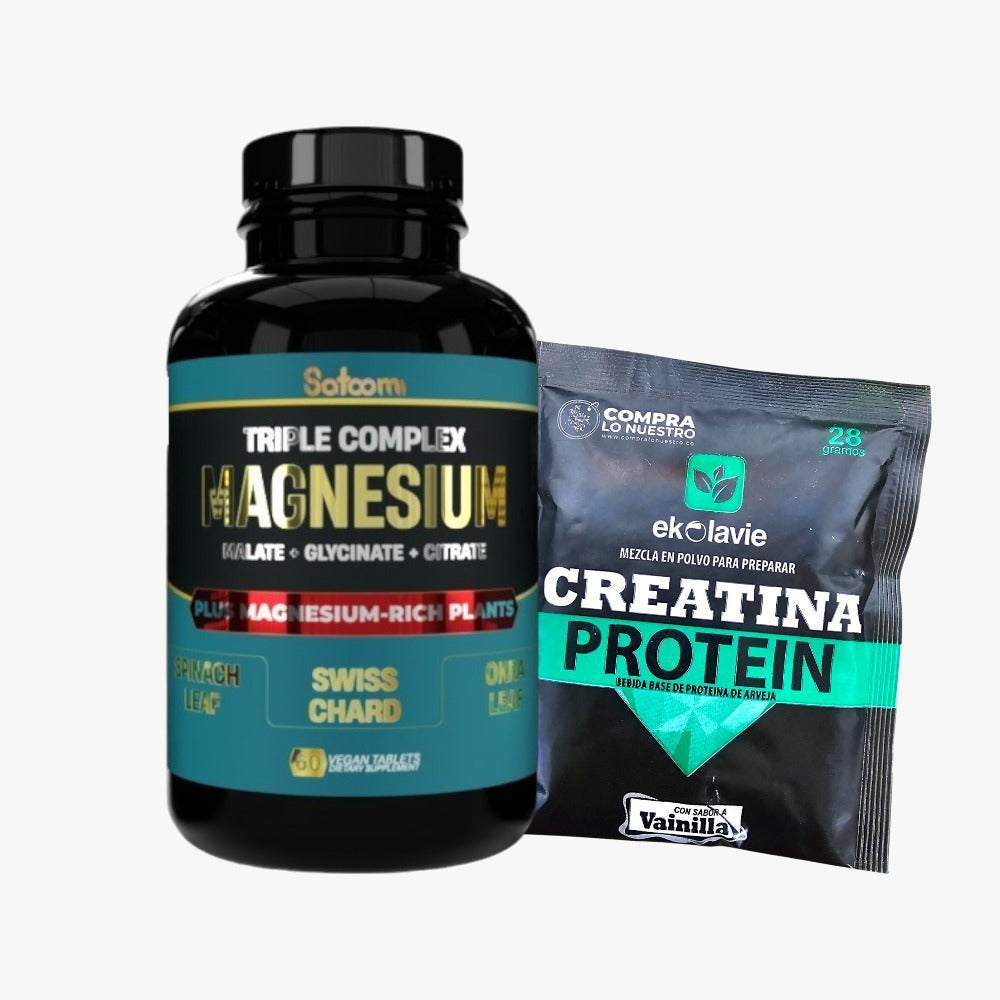 Suplemento de magnesio con proteína creatina, glicinato, malato y citrato en cápsulas vegetales. Apoya energía, rendimiento muscular, descanso y bienestar en adultos activos.