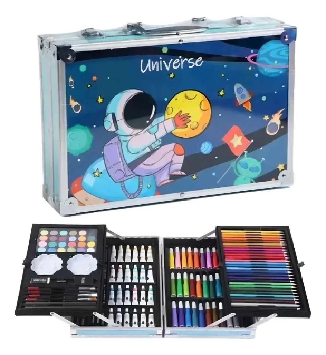 Maletín de arte infantil 145 piezas con colores, marcadores y pinturas en estuche metálico práctico para niños.