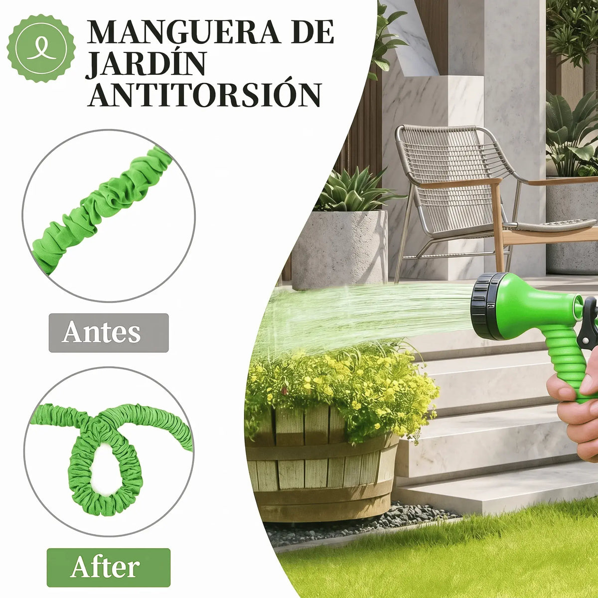 Manguera extensible antitorsión de 15 o 22 metros con boquilla multifunción. Ligera, flexible y fácil de guardar para jardín, patio y lavado de carro.
