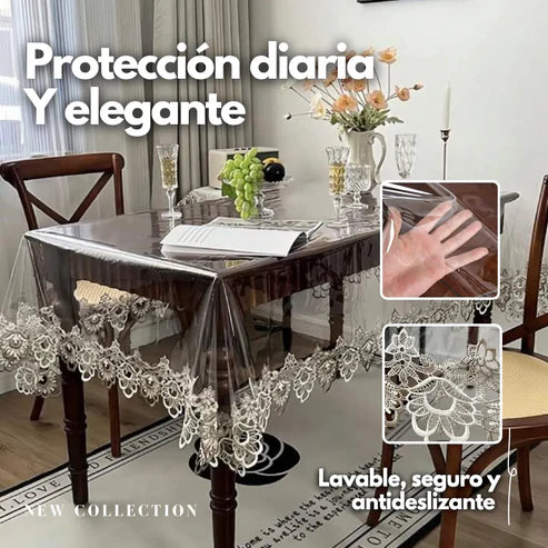 Mantel transparente en PVC de 85 x 85 cm y 2,5 mm de grosor. Protege tu mesa de manchas y rayones sin tapar su diseño. Efecto vidrio, se limpia con un paño. Para comedor, fiestas y exteriores.
