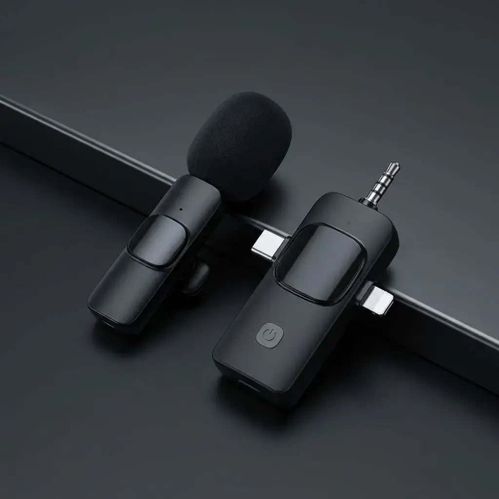 Micrófono inalámbrico dual con receptor universal 3 en 1 compatible con iPhone, Android y PC. Ideal para podcast, entrevistas y transmisión en vivo.