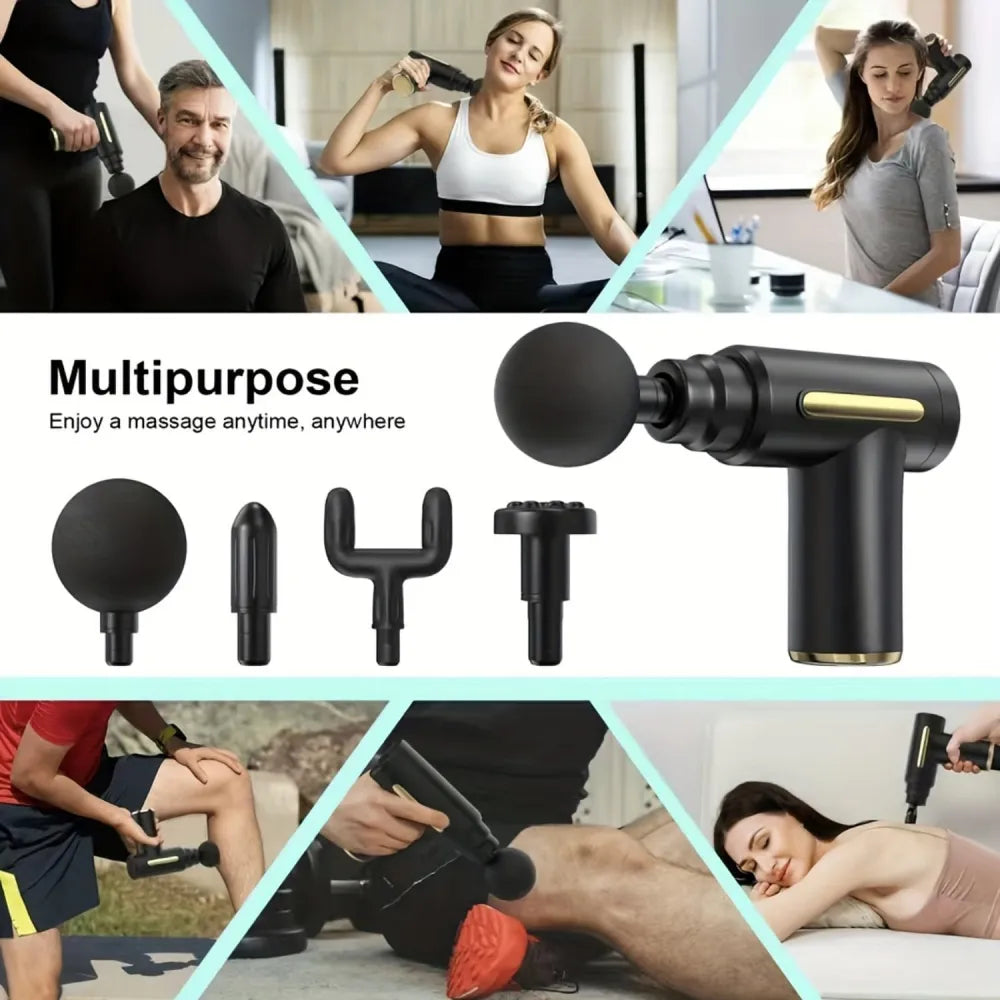 Mini Pistola Masajeadora Portátil con 5 velocidades, pantalla y 4 cabezales. Ideal para masaje muscular, relajación y bienestar en casa, oficina o gimnasio