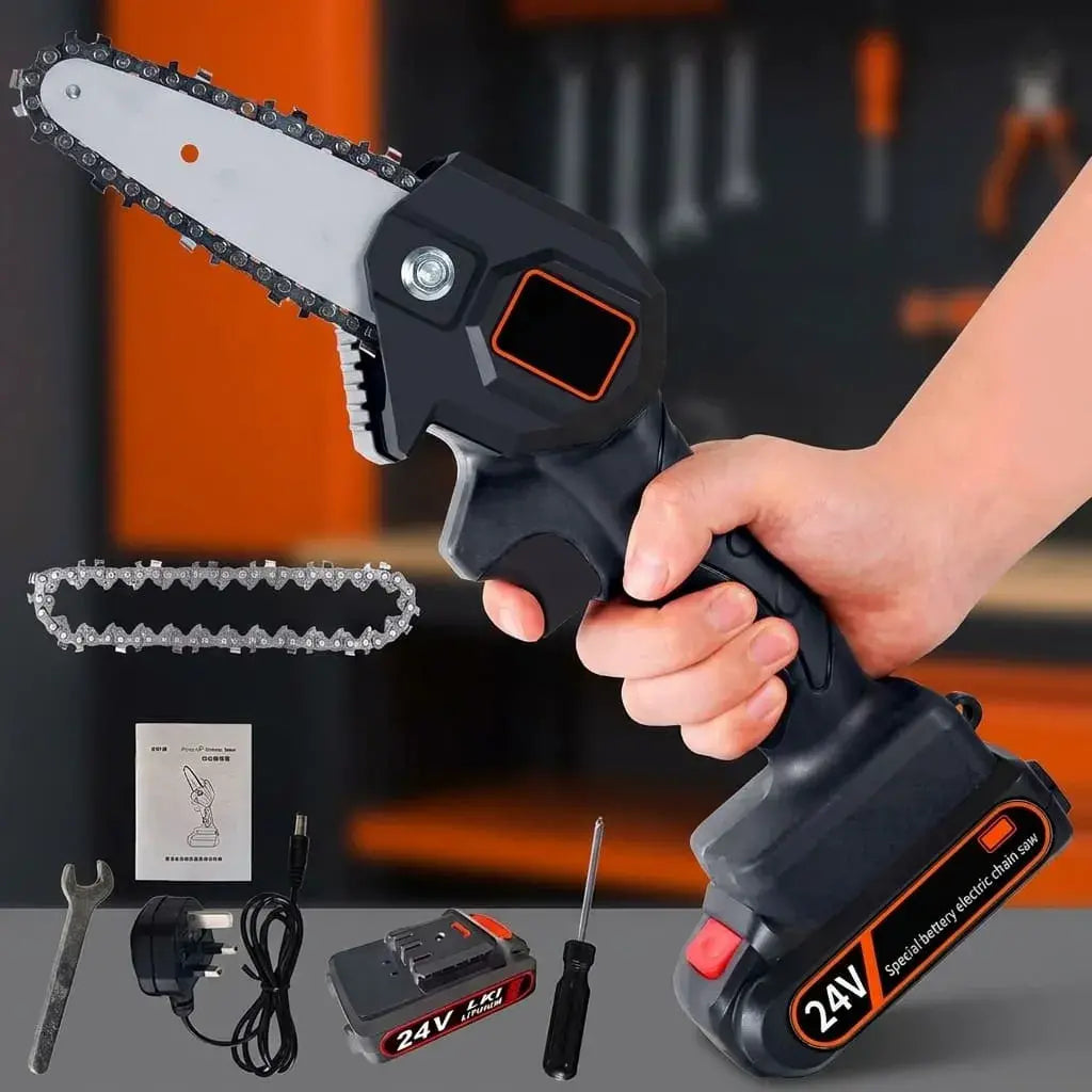Mini motosierra portátil recargable 24V con espada de 10 cm, ideal para poda, corte de ramas, jardinería y mantenimiento de exteriores.