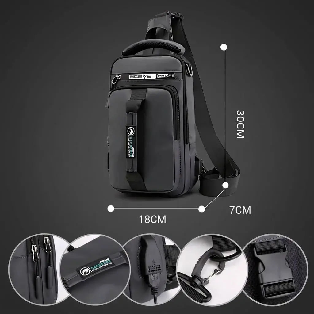 Mochila Sling Antirrobo Impermeable con Puerto USB. Bolso cruzado compacto para viajes, trabajo y uso diario, con cierre oculto, correa ajustable y diseño moderno.