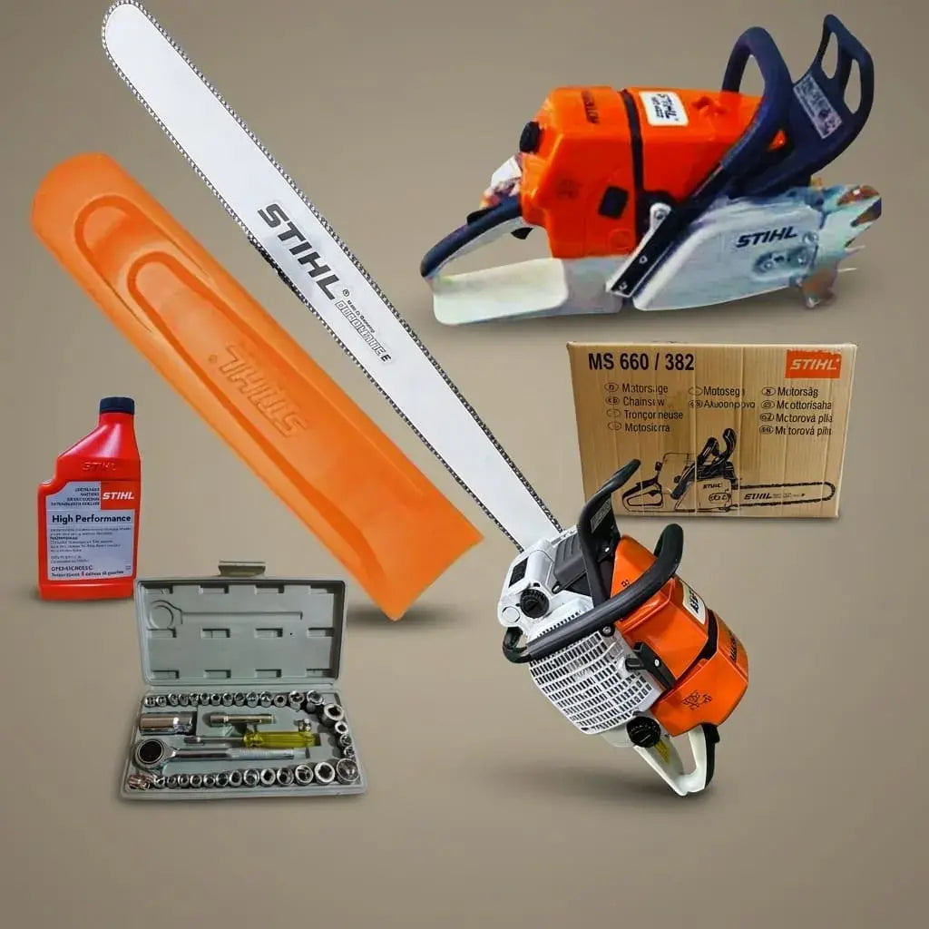 Motosierra industrial 660 Magnum a gasolina de 92CC y 7.5HP con espada de 90 cm, cadena 404, kit de herramientas, aceite y accesorios incluidos.