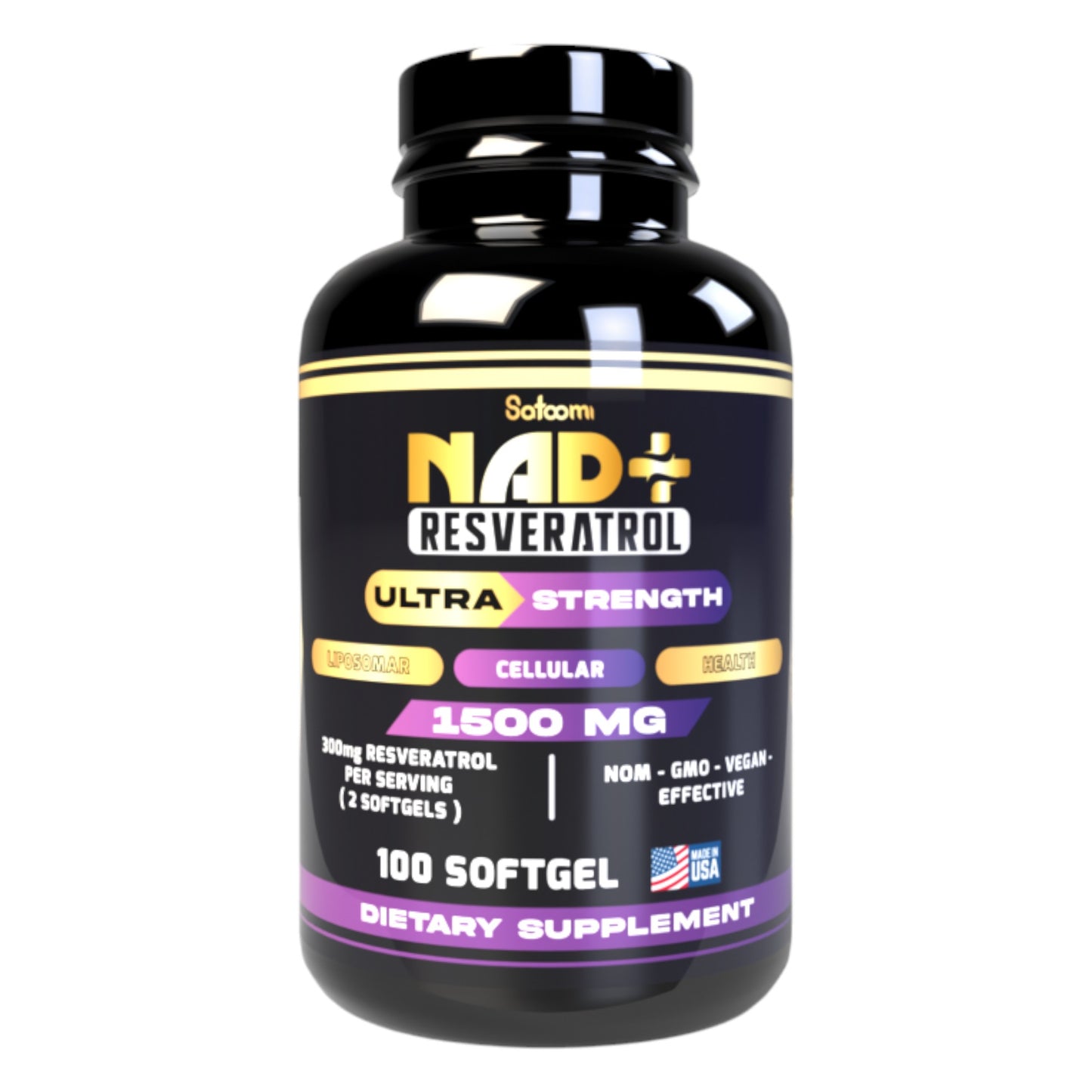 NAD Resveratrol Original 1500mg con 100 softgels para energía, vitalidad y bienestar celular diario.