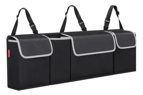 Organizador colgante para baúl de carro en tela Oxford 600D, con bolsillos principales, malla, correas ajustables, velcro reforzado y diseño plegable para vehículos.