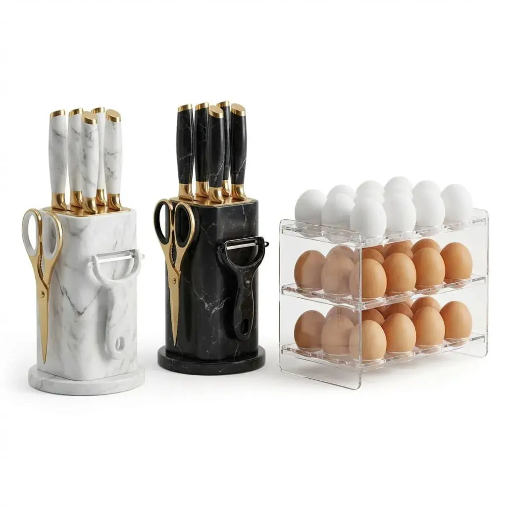 Combo organizador de huevos para nevera 30 unidades con fecha y set de cuchillos 9 piezas en acero inoxidable con base giratoria. Ideal para cocina organizada.