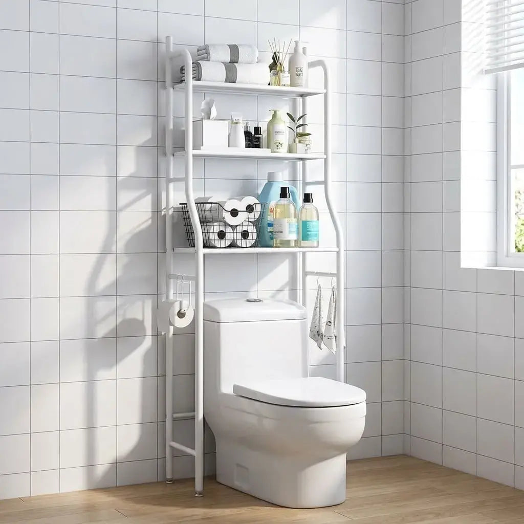 Organizador de baño metálico 3 niveles para instalar sobre inodoro o lavadora. Ideal para toallas, productos de aseo, detergentes y espacios pequeños.
