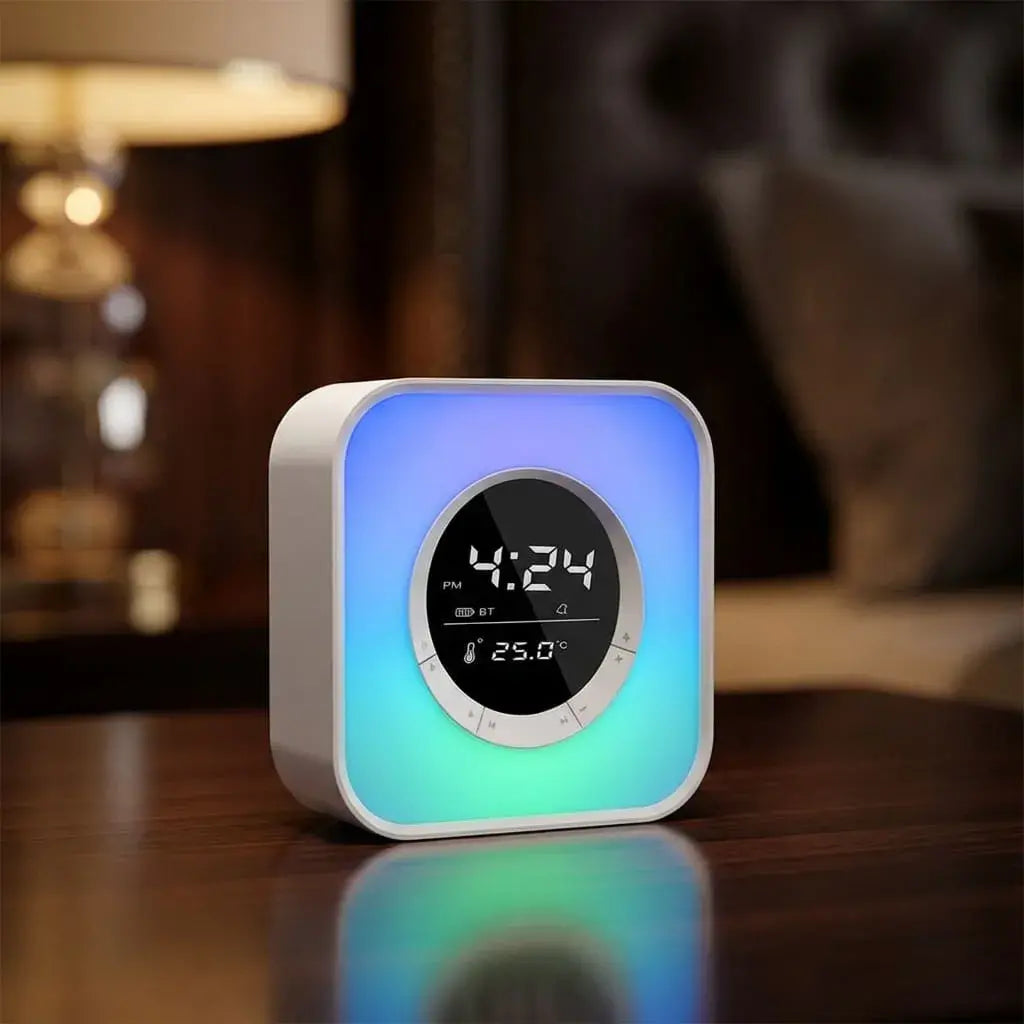 Parlante despertador P10 con Bluetooth, radio FM, USB y luz RGB. Incluye simulación de amanecer y sonidos naturales para despertar gradualmente.