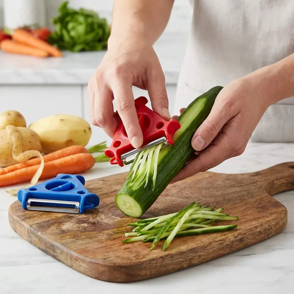 Pelador de Cocina 3 en 1 en acero inoxidable para frutas y verduras. Pela, rebana y corta en juliana con diseño ergonómico, compacto y resistente.