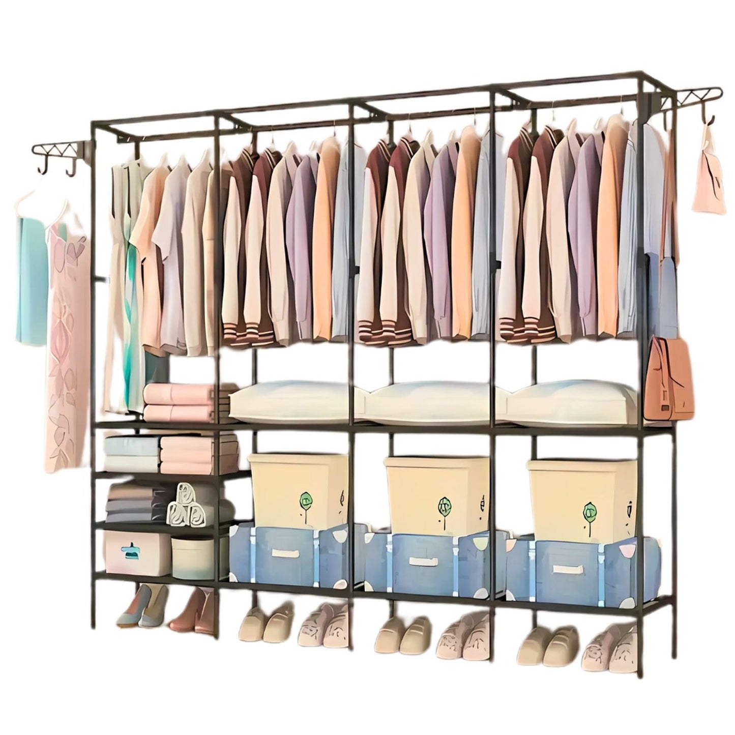 Perchero organizador tipo closet X4 con estructura en acero al carbono, ideal para ropa, zapatos y accesorios en dormitorios, armarios, lavanderías y espacios reducidos.