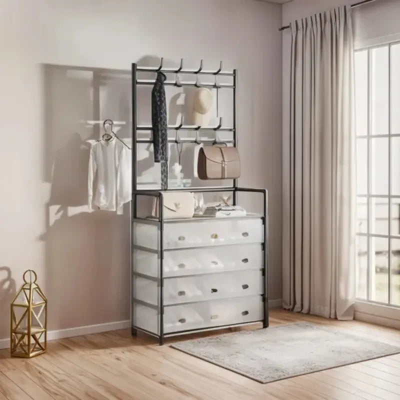 Perchero con zapatero multifuncional con cajones y ganchos. Organiza ropa y zapatos, ideal para ahorrar espacio en el hogar.