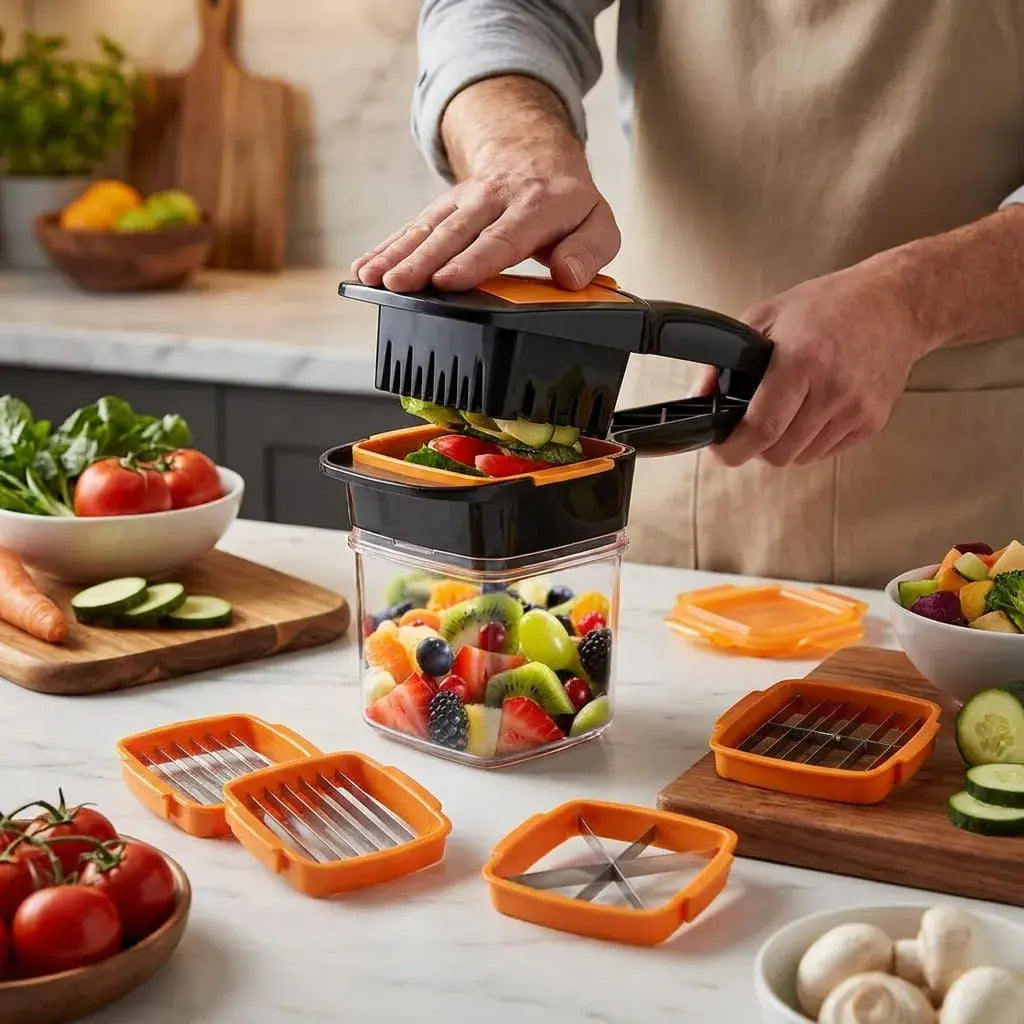 Picador Multifuncional 5 en 1 con recipiente de 200 ml y cuchillas en acero inoxidable. Ideal para cortar, rebanar y picar frutas, verduras y alimentos blandos.