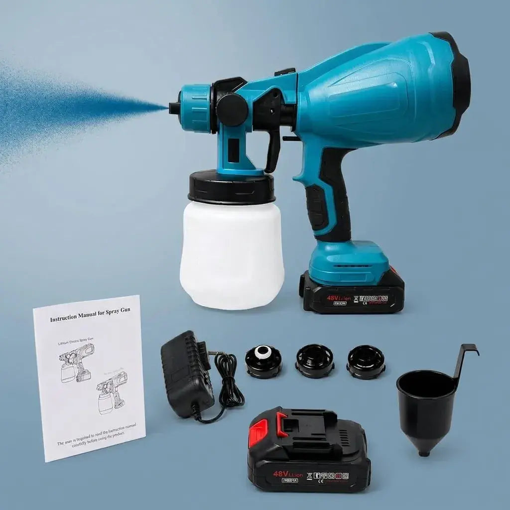 Pistola de Pintura inalámbrica 48V con 2 baterías, motor de 210W, depósito de 800 ml, flujo ajustable y tres modos de pulverización para hogar y taller.