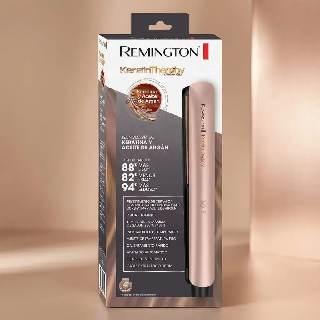 Plancha Remington Keratin Therapy con keratina y aceite de argán. Placas flotantes, temperatura hasta 230 °C y calentamiento rápido. Ideal para alisado profesional en casa.