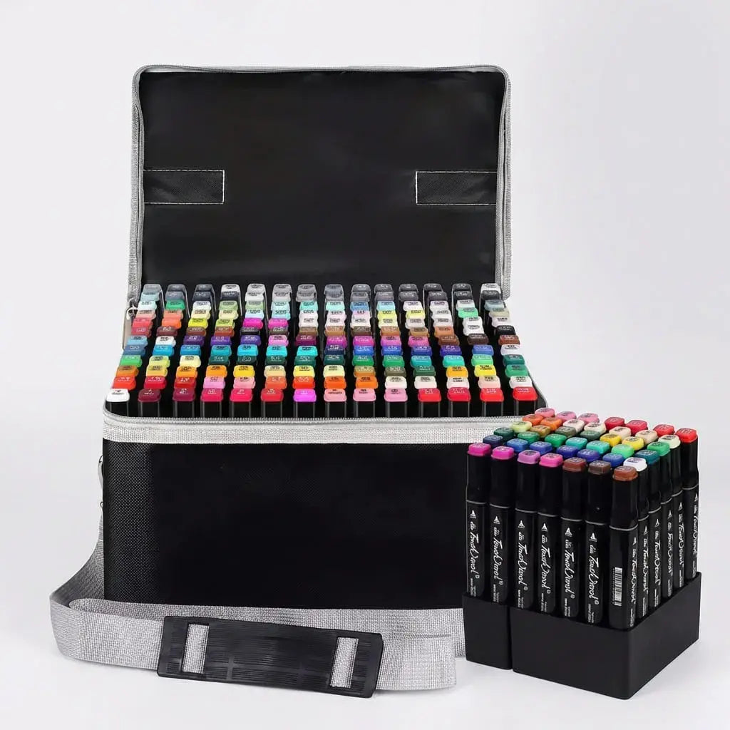 Set de 168 plumones doble punta con tinta permanente de secado rápido. Ideales para dibujo, lettering, ilustración y proyectos creativos.