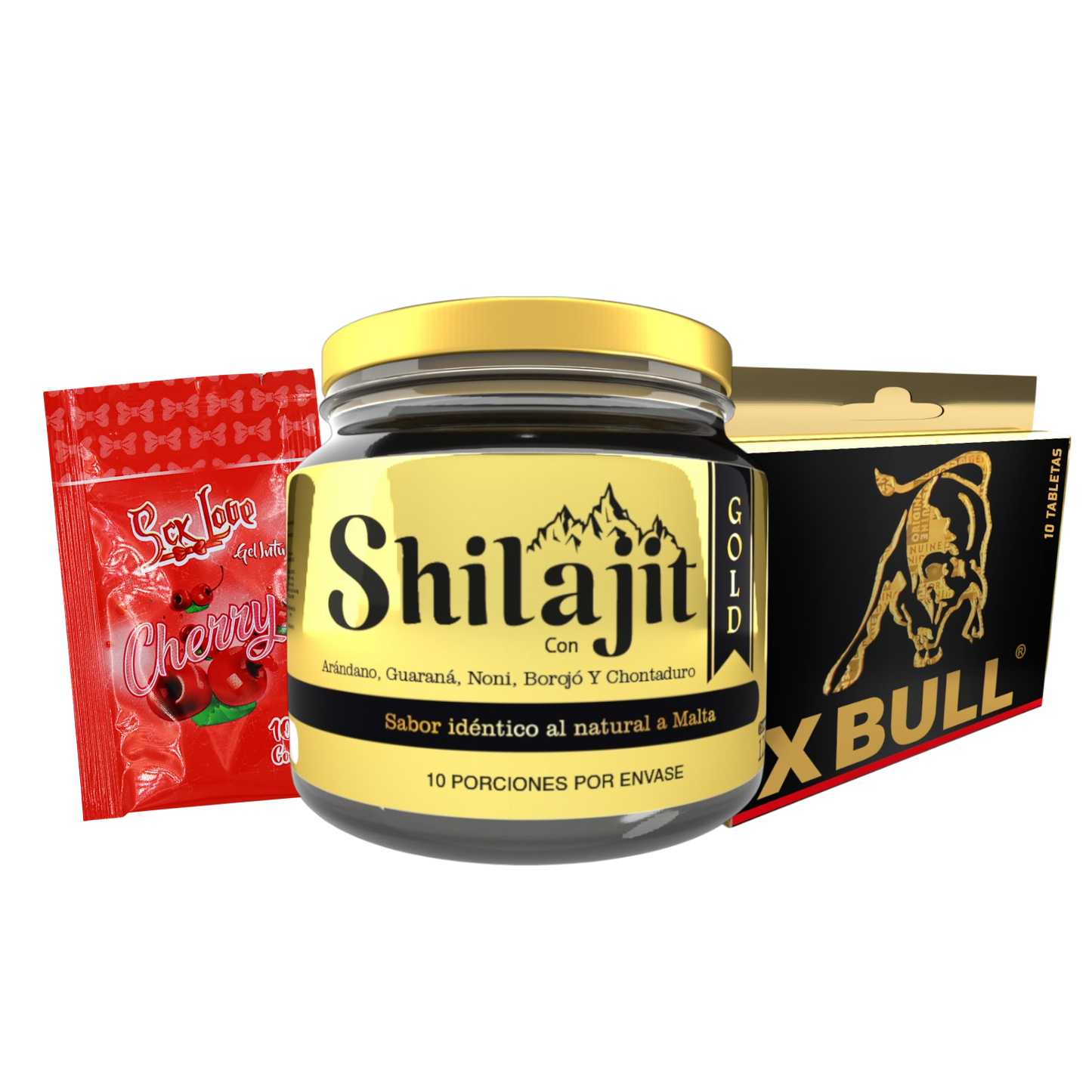 Promo Shilajit Gold 125 mL en resina con X Bull 10 tabletas y Sachet Cherry 10 mL. Combo para adultos enfocado en vitalidad, bienestar diario y cuidado personal.