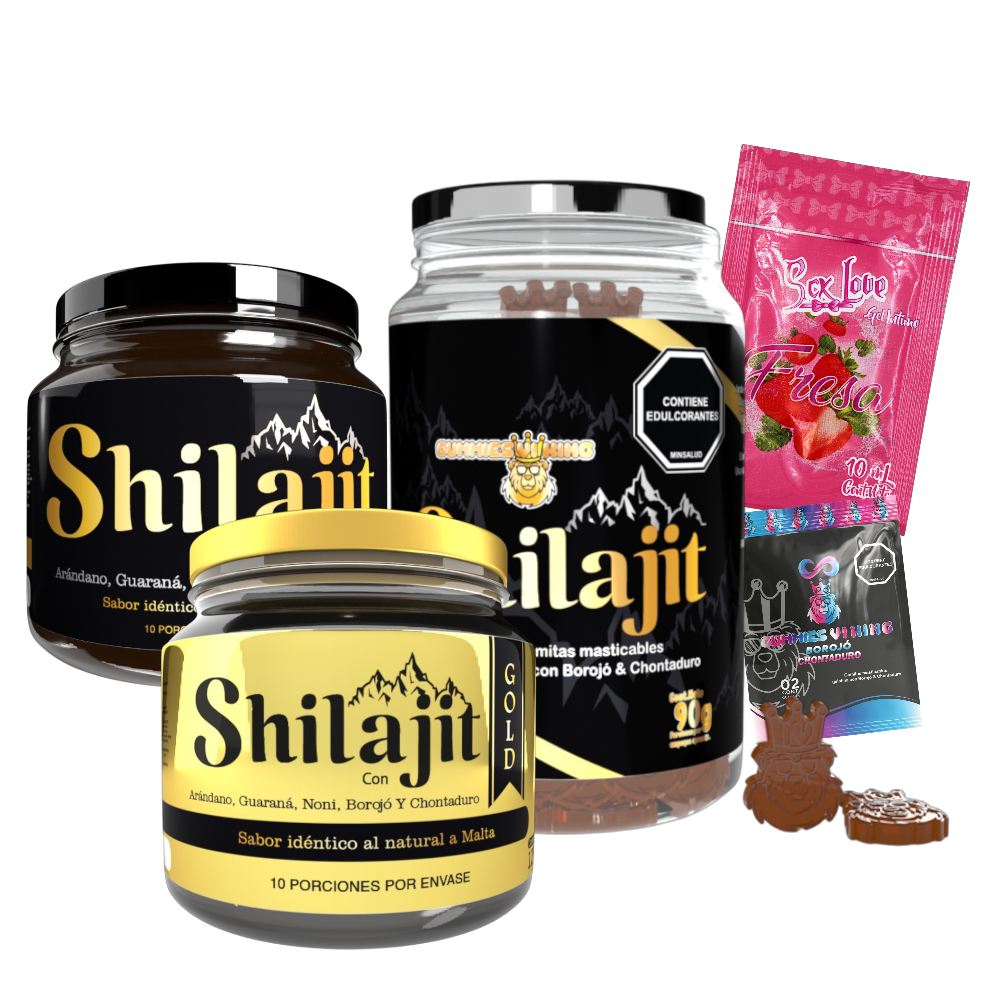 Promoción Shilajit Original Gold y Gomas con resina 125 mL, Oro de Shilajit, gomas tipo osito, gel corporal y Gomitas Vi King. Combo para adultos enfocado en vitalidad y bienestar diario.