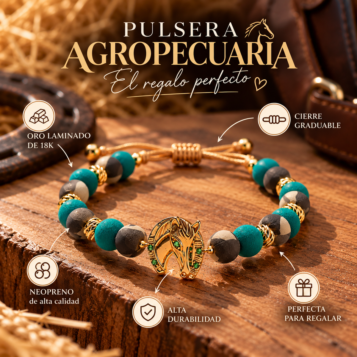 Pulsera artesanal con dije de cabeza de caballo, baño dorado y circones verde esmeralda. Esferas turquesa y verde oliva, cordón ajustable unisex. Ideal para caballistas y gente de campo. Para regalar.