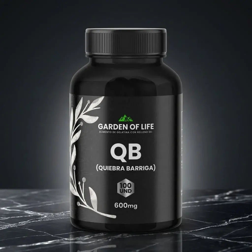 QB Quiebra Barriga 600 mg en softgels, frasco oscuro de 360 cc con termosellado de seguridad. Suplemento dietario para bienestar digestivo, líquidos y ligereza.