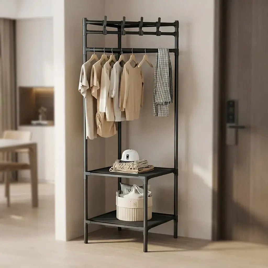 Rack organizador multifuncional 4 en 1 con zapatero, perchero y repisa. Ideal para ropa, zapatos, bolsos y accesorios en habitaciones o entradas.