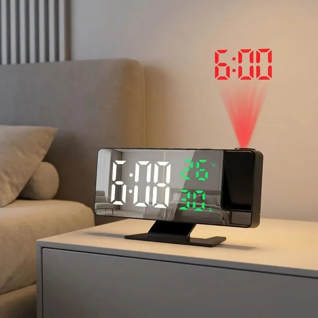 Reloj Despertador digital con proyector 180°, pantalla LED tipo espejo, temperatura, humedad, alarma programable, brillo ajustable, modo nocturno y alimentación USB.