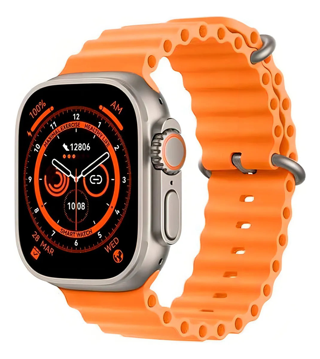 Reloj Inteligente T800 Ultra con pantalla HD 1.99 pulgadas, Bluetooth para llamadas, carga magnética, modos deportivos, notificaciones y funciones de actividad diaria.