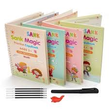 Set de libros de caligrafía mágica reutilizable x4 para niños con números, matemáticas, dibujo y alfabeto. Incluye bolígrafo, soporte y repuestos para práctica educativa.