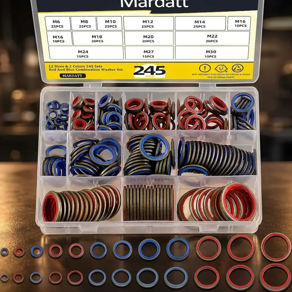 Set de Arandelas Metálicas DROPS x245 piezas para tornillos, pernos, mecánica, mantenimiento y uso automotriz. Kit surtido resistente y práctico.