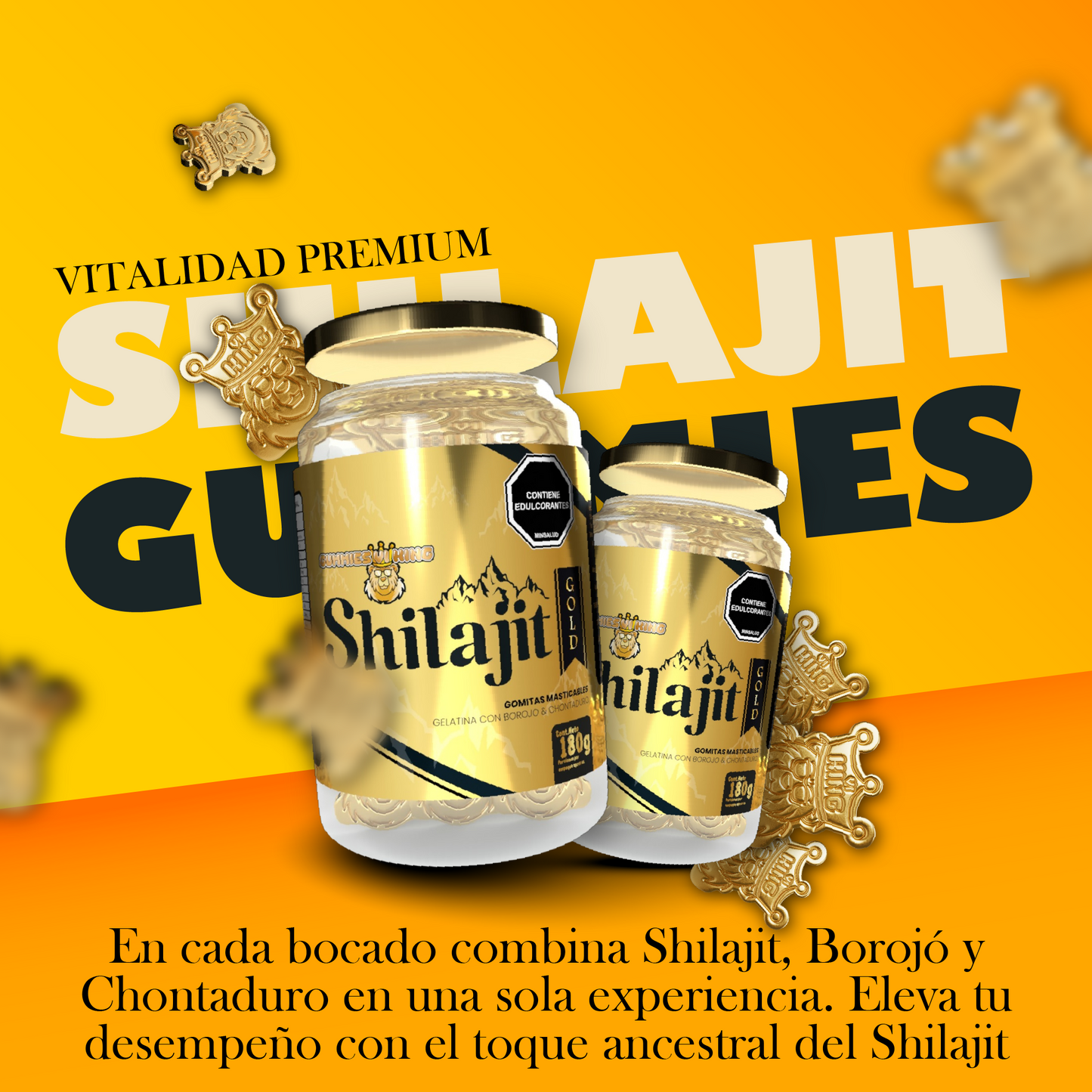 Shilajit Gold Gomas con 60 ositos, promo chocolate y Gummies Vi King. Suplemento natural para adultos enfocado en energía, vitalidad y bienestar general.