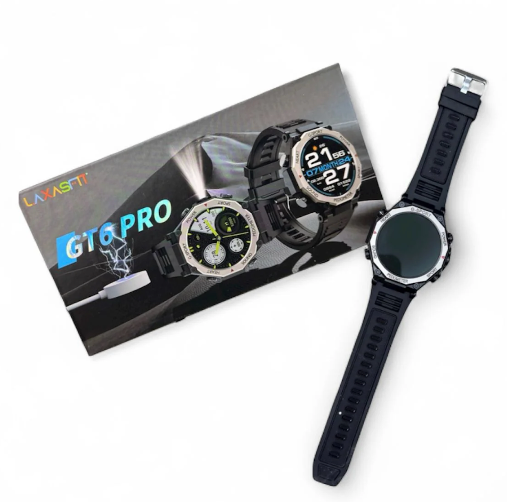 Smartwatch GT6 Pro con llamadas Bluetooth, pantalla 1.52, monitoreo diario y carga inalámbrica.