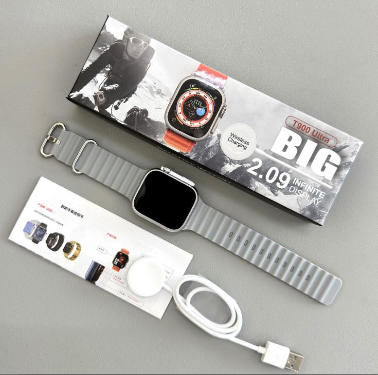 Smartwatch T900 Ultra con llamadas Bluetooth, pantalla grande y funciones de salud. Compatible con Android y iOS, ideal para uso diario.