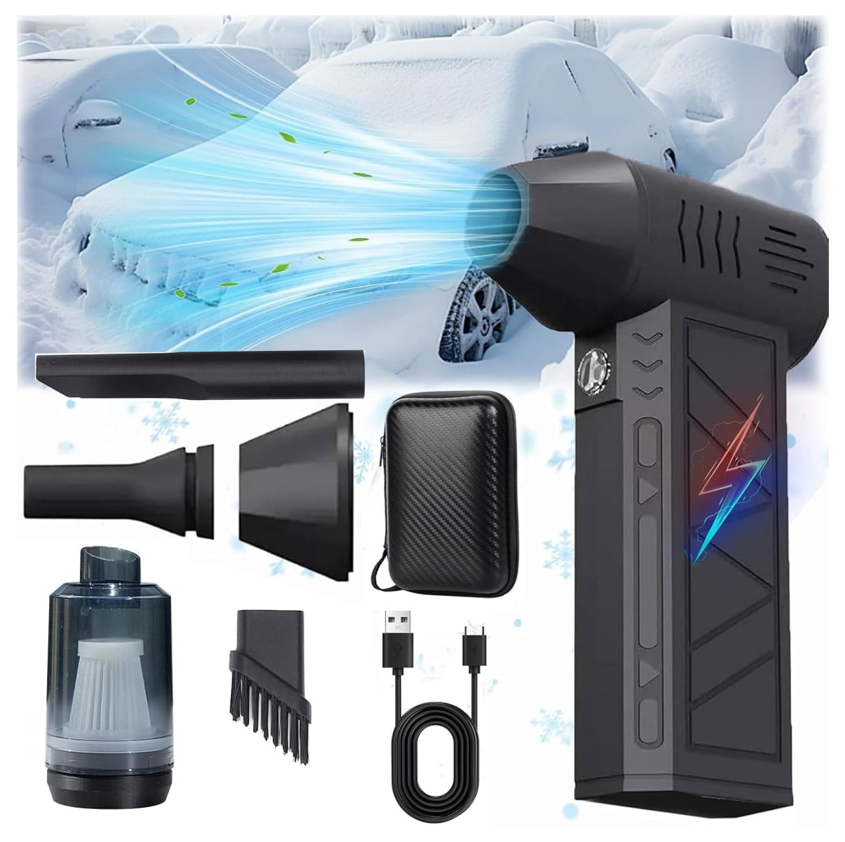 Soplador turbo inalámbrico 2 en 1 con aspiradora portátil, motor brushless 100.000 RPM, filtro HEPA, luz LED, carga USB, accesorios y estuche para limpiar auto, hogar, oficina y equipos electrónicos.