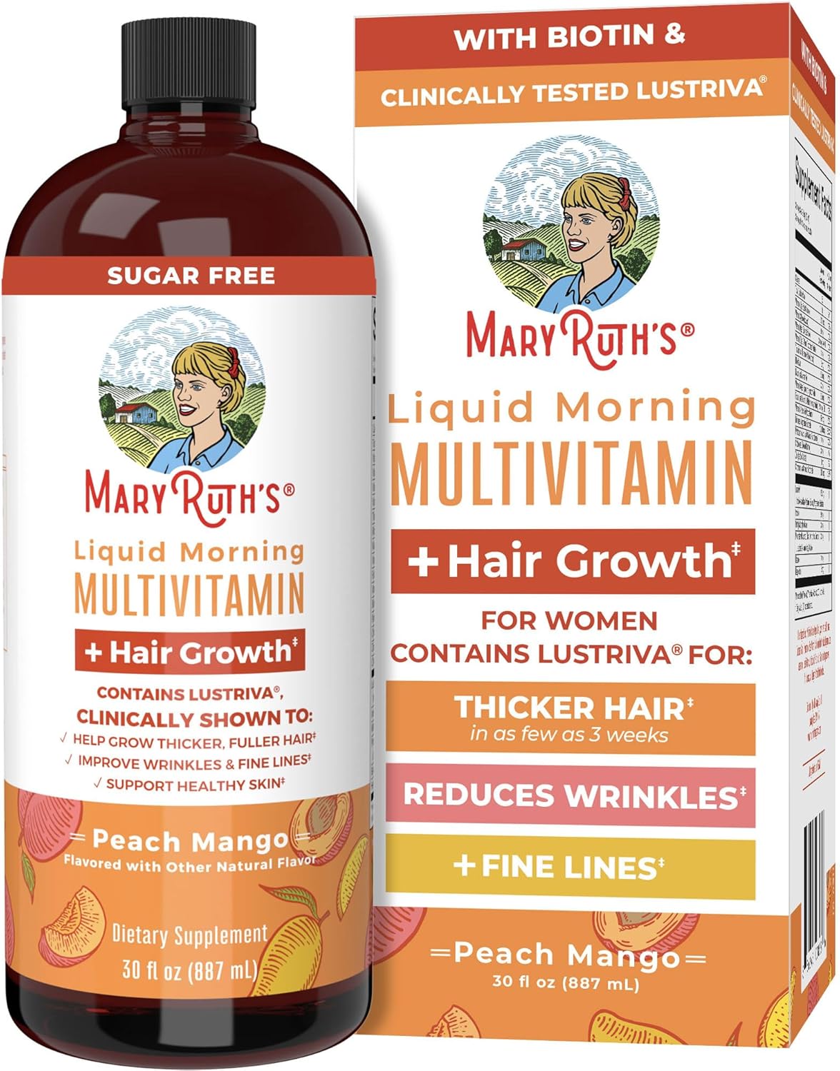Suplemento líquido MaryRuth 887 ml con biotina, colágeno y vitaminas. Apoya el bienestar y la nutrición del cabello de forma práctica.