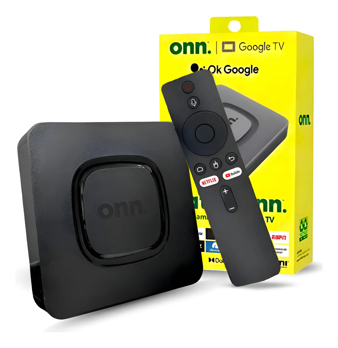 TV Box Onn 4K Google TV con HDMI, Chromecast integrado, control por voz, WiFi, puerto LAN Ethernet, Dolby Audio y compatibilidad con streaming Ultra HD.