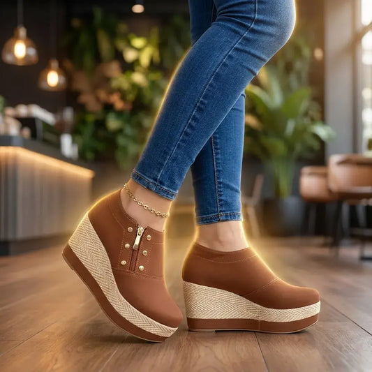 Tacones Casuales para Dama en Cuero Linse con suela de yute. Calzado cómodo, ligero, fresco y elegante para uso diario, salidas y reuniones informales.