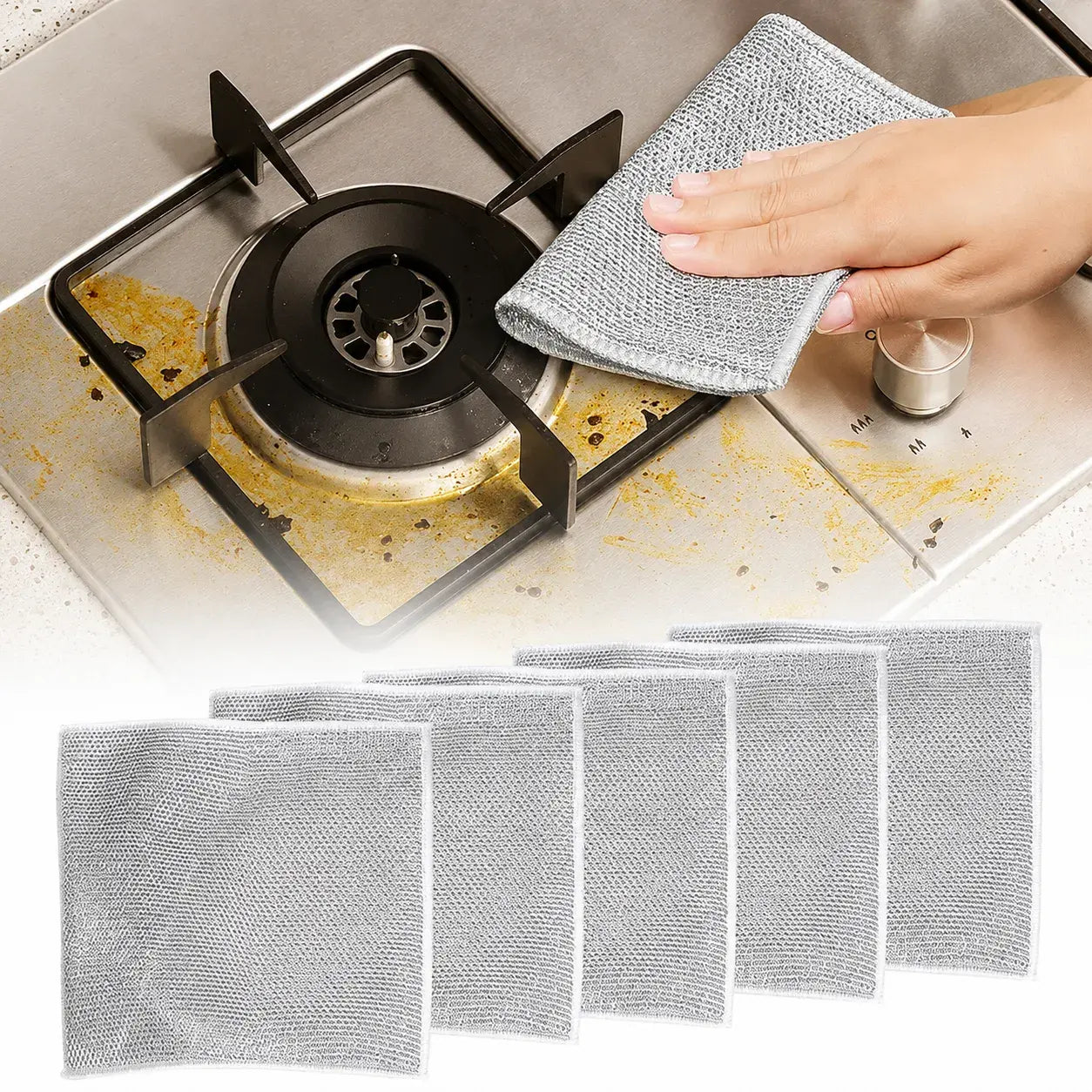 Trapos de acero inoxidable multiusos para limpiar grasa y suciedad sin rayar superficies. Reutilizables, resistentes y de secado rápido.