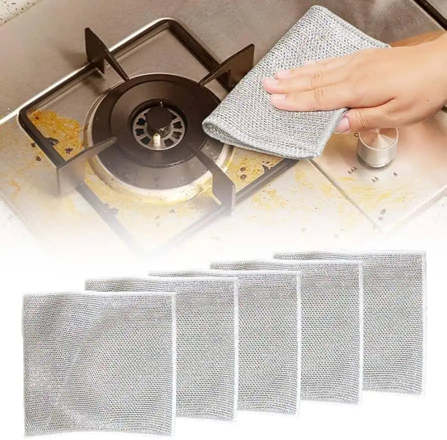 Trapos de acero inoxidable multiusos para limpiar grasa y suciedad sin rayar superficies. Reutilizables, resistentes y de secado rápido.