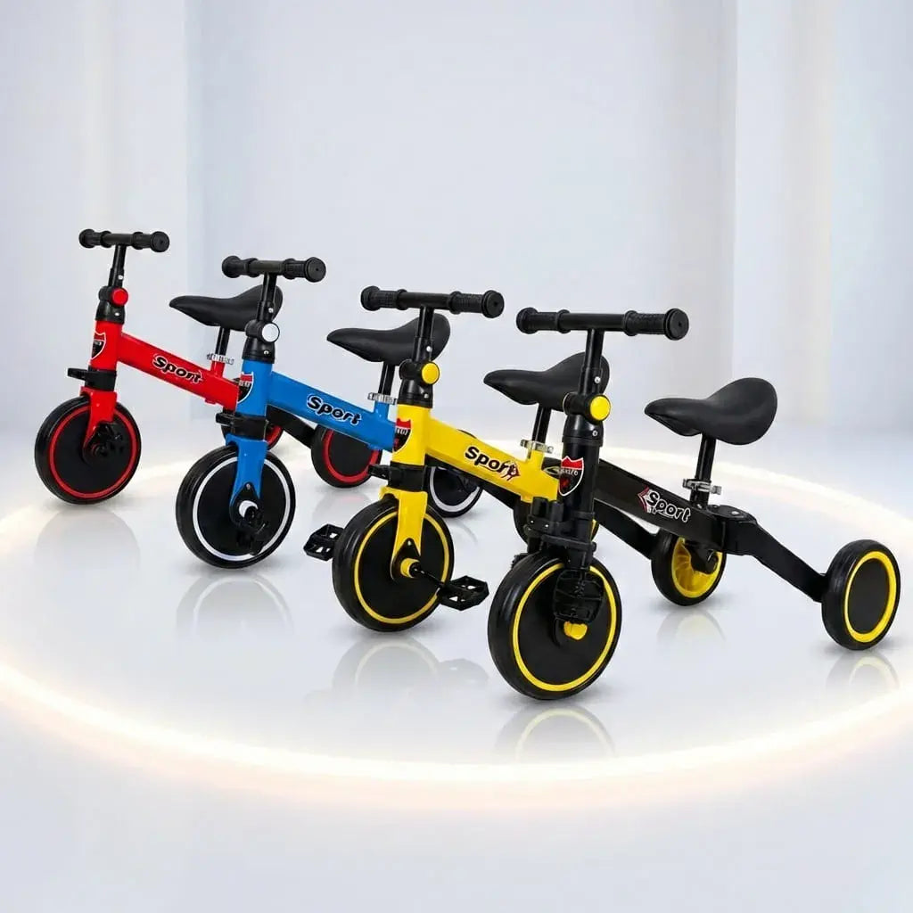 Triciclo para bebés 3 en 1 con diseño evolutivo, estructura resistente y modos adaptables al crecimiento del niño para uso interior y exterior.