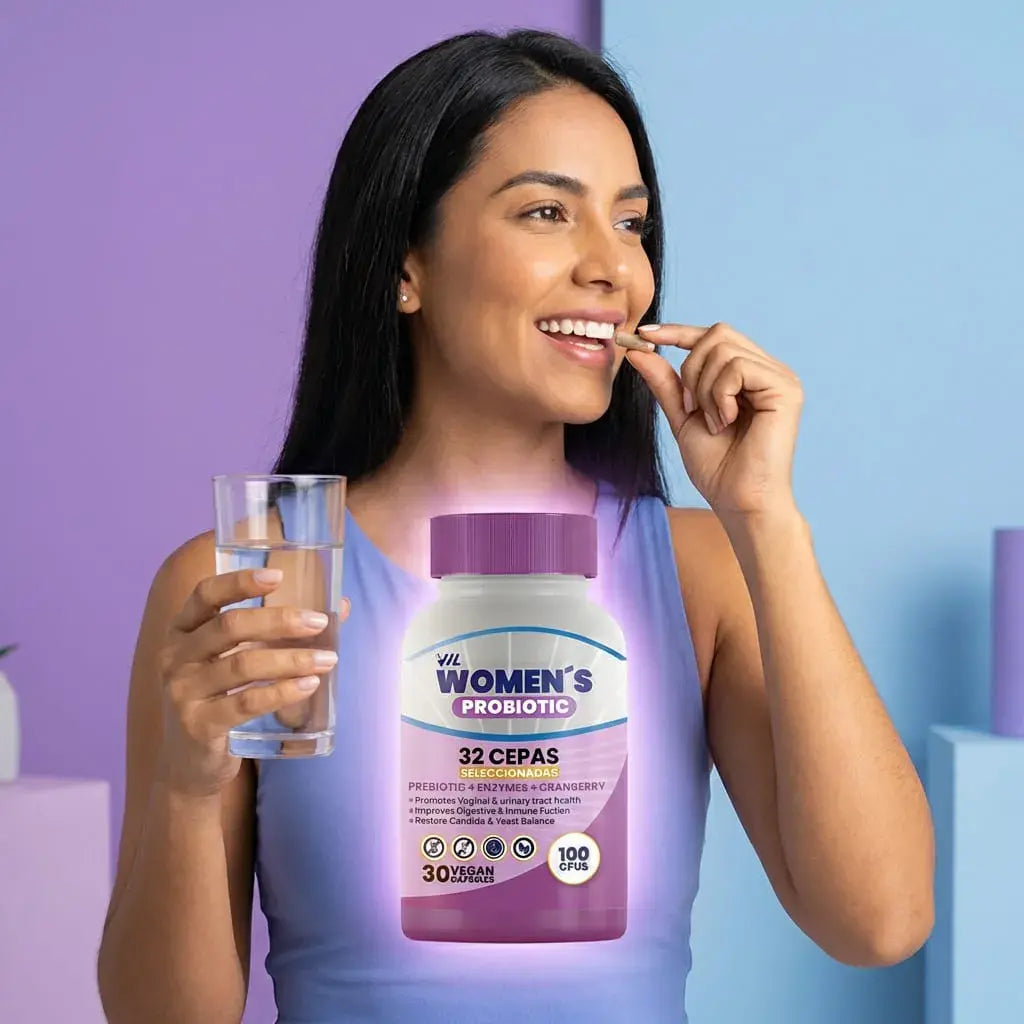 Probiótico femenino en cápsulas veganas con arándano y prebióticos que apoya la salud íntima, urinaria y digestiva.