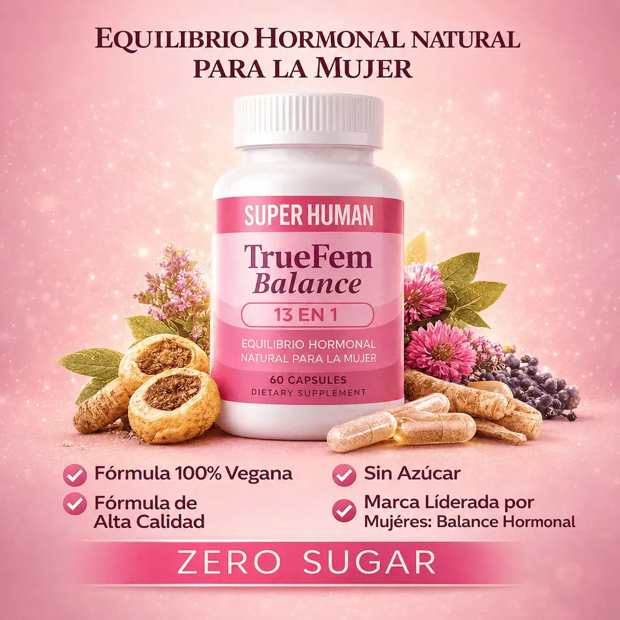 Suplemento natural para mujer en cápsulas. Apoya el bienestar y la vitalidad con ingredientes de origen vegetal.