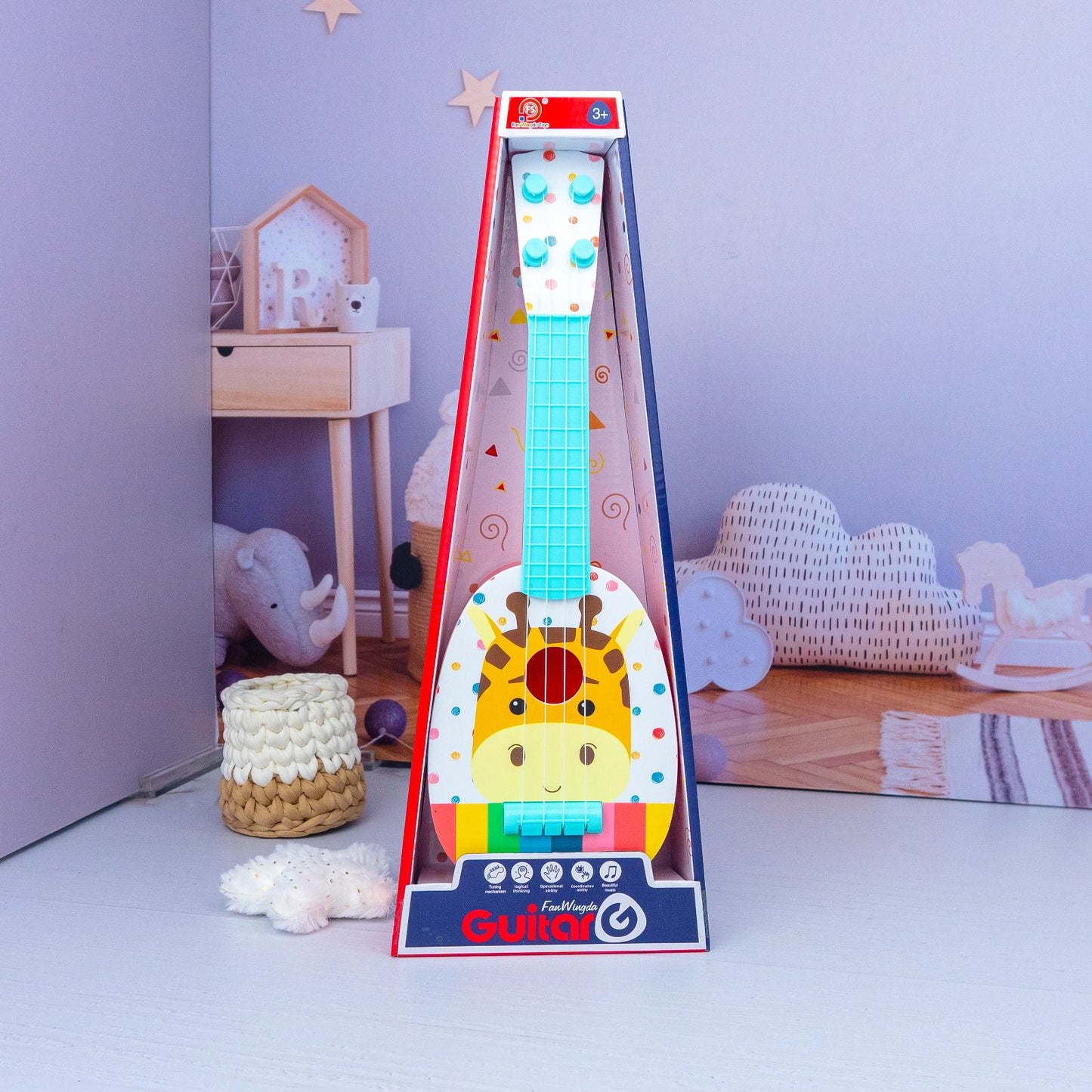 Ukelele infantil educativo con 4 cuerdas ajustables, diseño de animales y material seguro. Ideal para desarrollar música, ritmo y coordinación en niños.
