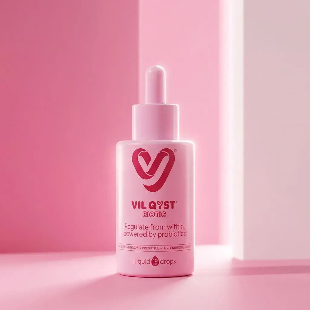 Gotas con probióticos y activos naturales para apoyar el equilibrio hormonal femenino y la regularidad del ciclo. VIL Qyst Biotic 30 ml.