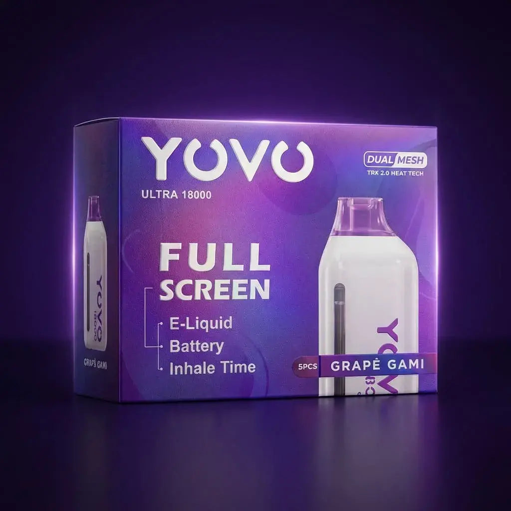 Compra Vape Yovo Ultra 18000 puffs Full Screen Dual Mesh en caja por 5 unidades. Recargable, alta duración y excelente rendimiento. Producto para mayores de edad.