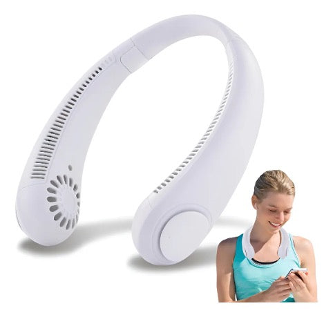 Ventilador portátil para cuello Arctic Air con tres velocidades, batería recargable USB y funcionamiento manos libres para interiores y exteriores.